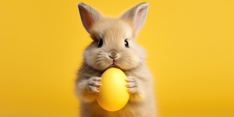Bunny embracing yellow Easter egg on orange background.