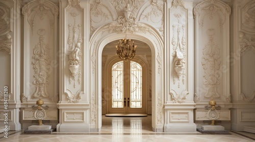 A grand entryway, its Passover door embellished with delicate carvings, hinting at the richness of tradition within © ra0