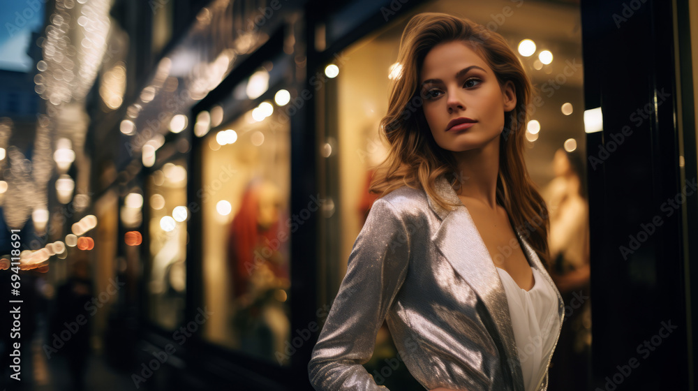 An elegantly dressed woman poses in front of a boutique on the street in the evening An elegantly dressed woman poses in front of a boutique on the street in the evening