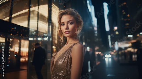 An elegantly dressed woman poses in front of a boutique on the street in the evening