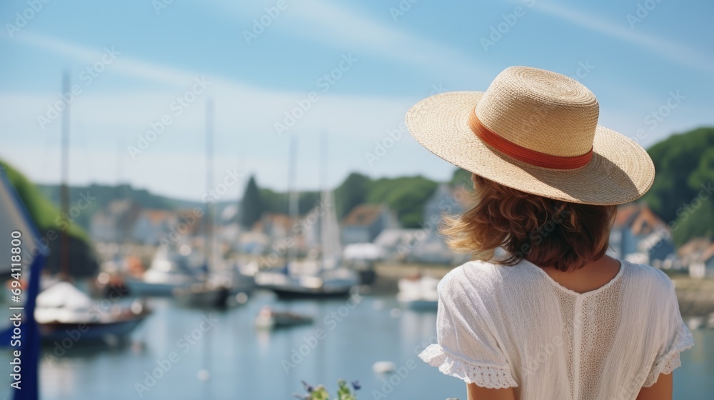 Tourist woman in hat turned back looking at seascape