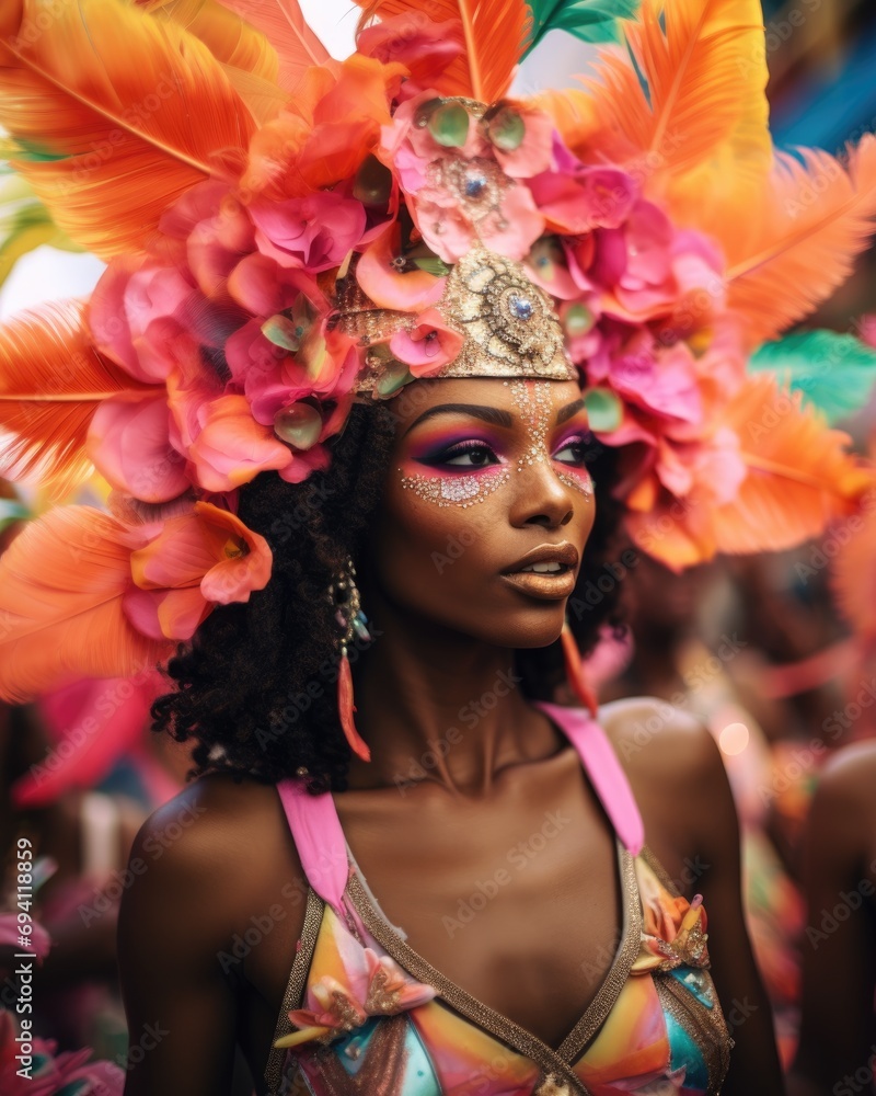 Joyful carnival dancer in a feathered costume. Joyful carnival dancer in a feathered costume.