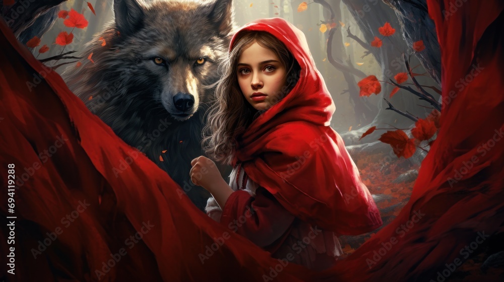 Young woman in red cloak with mystical wolf in enchanted forest. Fantasy and storytelling. - obrazy, fototapety, plakaty 