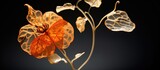 Vertical macrophotography of a backlit autumnal skeleton physalis flower with ornamental shadows.