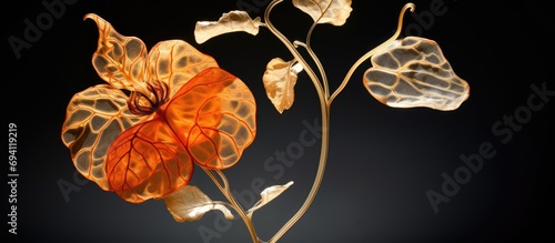 Vertical macrophotography of a backlit autumnal skeleton physalis flower with ornamental shadows.