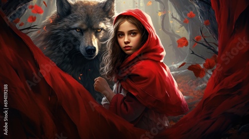 Young woman in red cloak with mystical wolf in enchanted forest. Fantasy and storytelling. photo