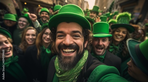 Saint Patrick day background with happy people in green clothes making selfie