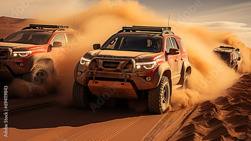 A convoy of off-road vehicles speeding through a desert, kicking up dust and sand in a display of power and adventure.