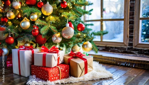 Christmas gifts under a Christmas tree on Christmas Day. 