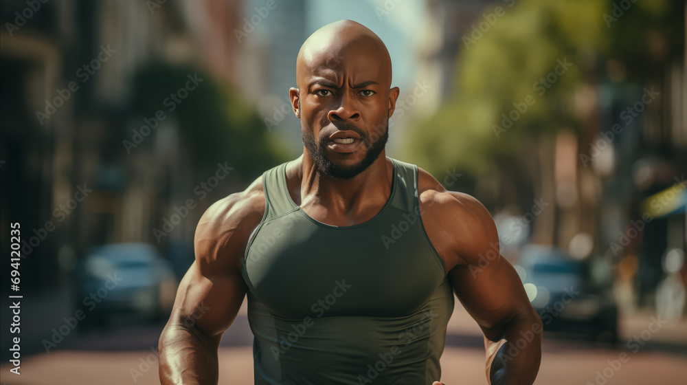 Sporty african american man running on the street