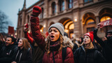 Determined woman raising her fist at a protest amid a crowd of diverse activists in an urban setting.