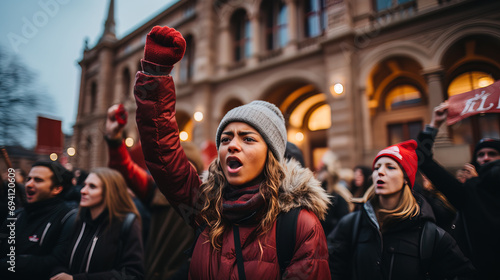 Determined woman raising her fist at a protest amid a crowd of diverse activists in an urban setting.