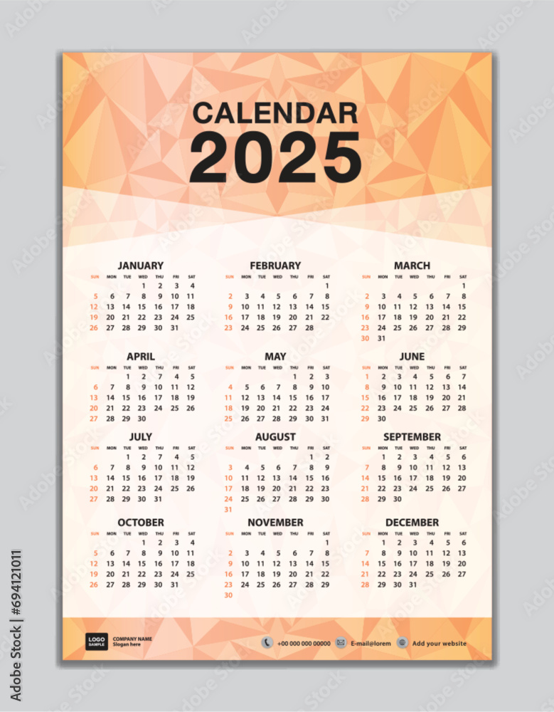 Wall calendar 2025 template on orange polygon background, calendar 2025 design, desk calendar