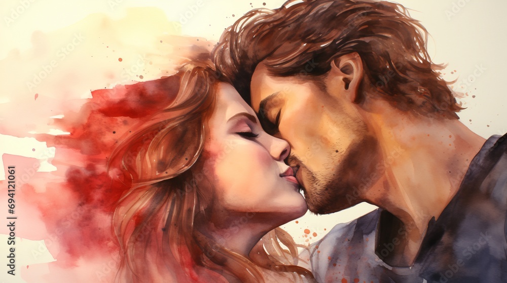 A watercolor romantic kiss close up