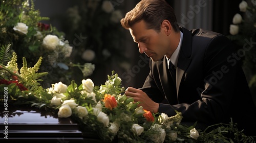 A man is sad at the coffin with flowers photo