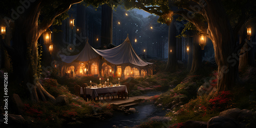 A magical forest with a huge tent set up, a dining table with chairs placed in the middle of a forest, night sky, glowing lights