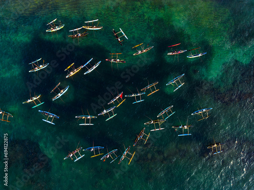 Photos Aerial view of traditional oruwa boats with fishermen in tropical waters, showcasing local fishing methods and cultural heritage, surrounded by crystal-clear sea with outrigger canoes