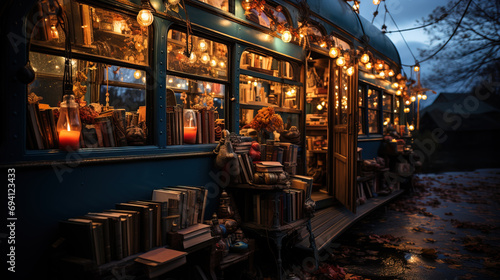 A repurposed tram transformed into a vintage bookstore, adorned with warm lighting and autumnal decorations at dusk.