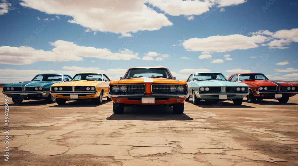 A front view of a vibrant lineup of classic muscle cars on a paved surface under a blue sky with clouds.