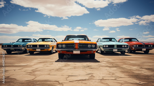 A front view of a vibrant lineup of classic muscle cars on a paved surface under a blue sky with clouds.