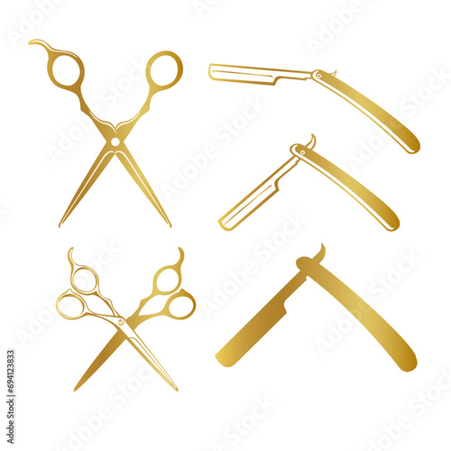 set of golden barber supplies silhouette