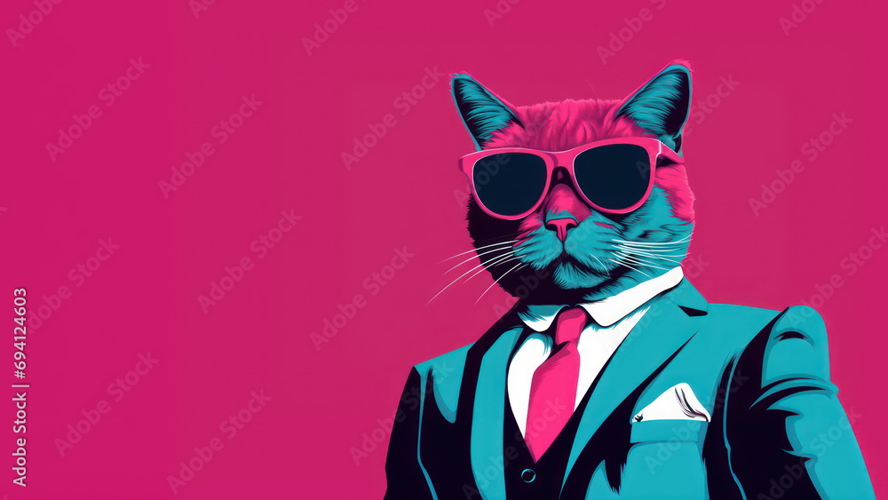 Portrait of a cat in a suit and sunglasses on a pink Portrait of a cat in a suit and sunglasses on a pink