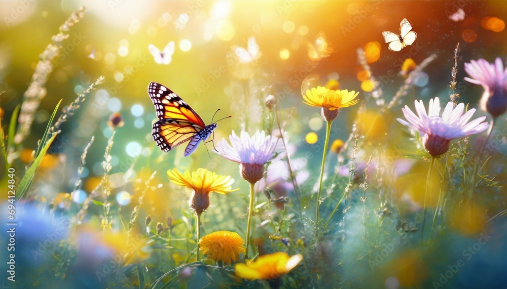 summer wild flowers and fly butterfly in a meadow at sunset macro image shallow depth of field abstract summer nature background
