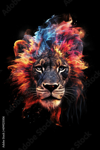Close up portrait of a lion in Galaxies spirals space nebulae stars smoke iridescent background