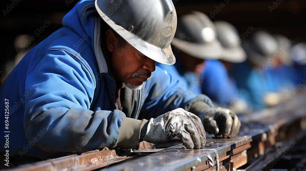 Focused construction workers in safety gear engaged in metalwork at an outdoor work site, demonstrating teamwork and skilled craftsmanship.