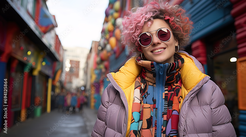 Fototapeta premium Cheerful young woman with pink hair wearing sunglasses and a colorful outfit standing on an urban street.