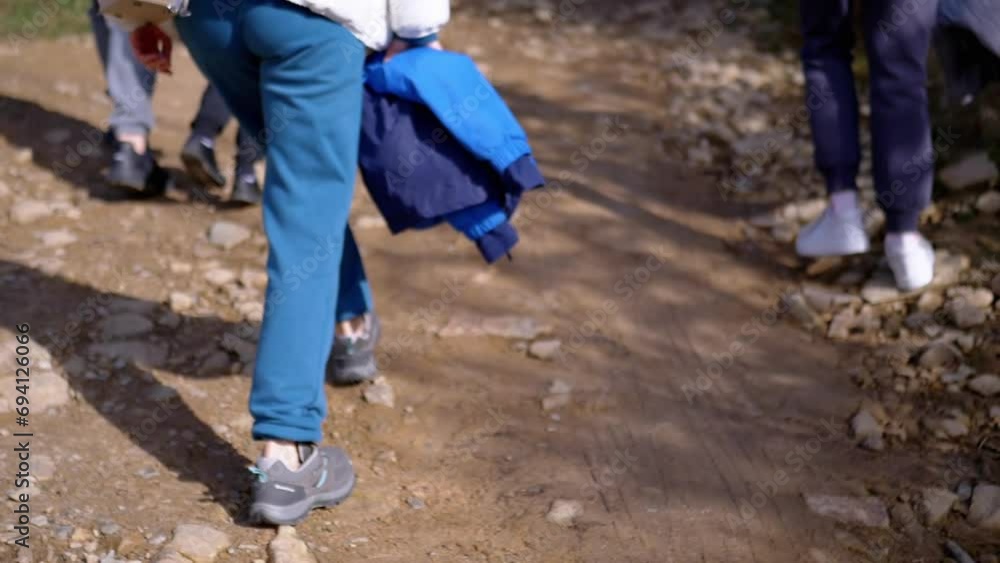 Group of Tourists Climb up a Forest Path into Mountains. Back view. Close-up. Legs, steps. Body part. Hiking in Carpathian Mountains. Unrecognizable people. Walking with family in wild nature. Blur. Group of Tourists Climb up a Forest Path into Mountains. Back view. Close-up. Legs, steps. Body part. Hiking in Carpathian Mountains. Unrecognizable people. Walking with family in wild nature. Blur.
