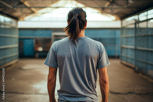 Incarcerated man entering a prison cell, seen from behind against the prison backdrop. The somber image reflects regret and sorrow for his actions photo