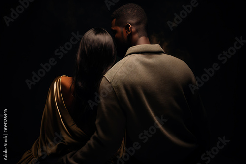 Couple against dark background, backs touching, symbolizing relationship cooling. Beautiful view, evoking emotional depth and contemplation. Couple on the dark wall background, view from back