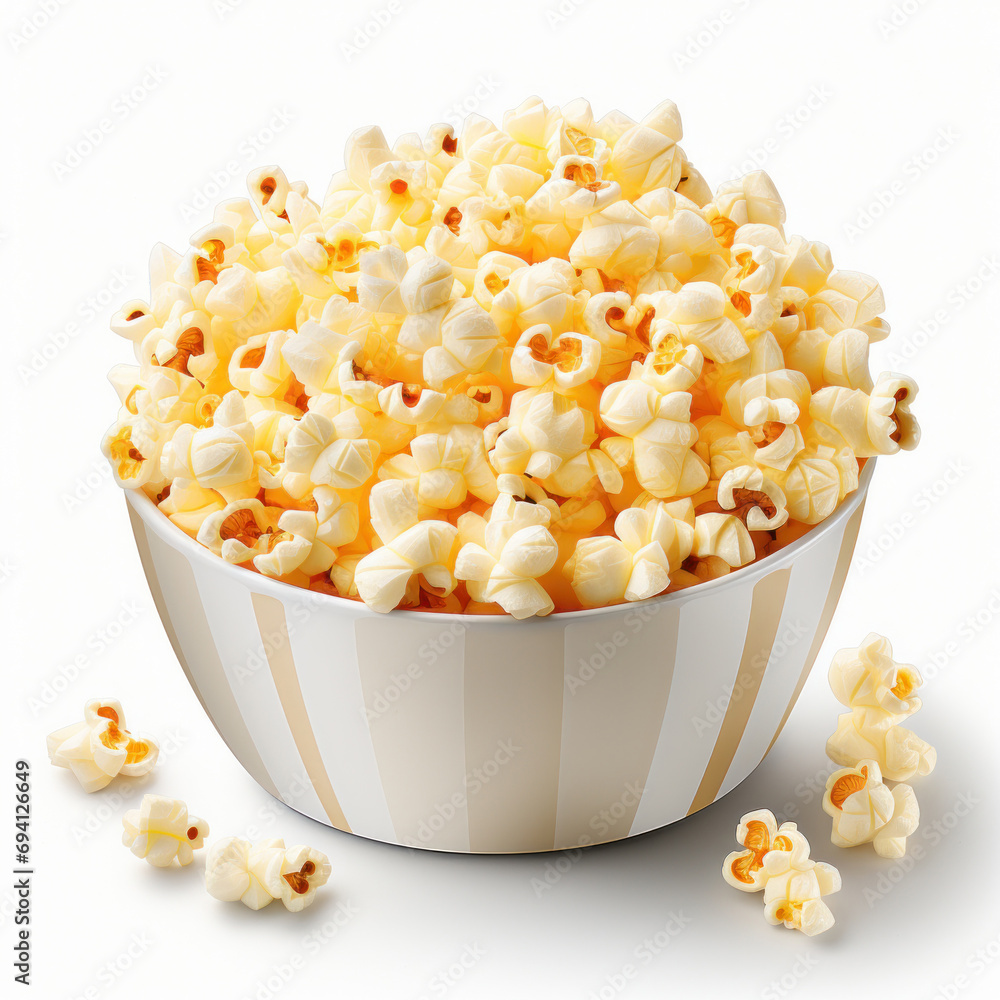 A bucket of popcorn on a white background, generative AI A bucket of popcorn on a white background, generative AI