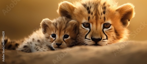 Cub resting on cheetah in close-up.