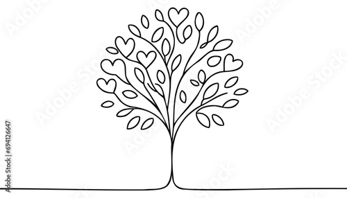 Love tree with hearts one line vector illustration