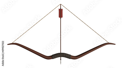 Dark wood bow with arrow isolated on transparent and white background. Archer concept. 3D render