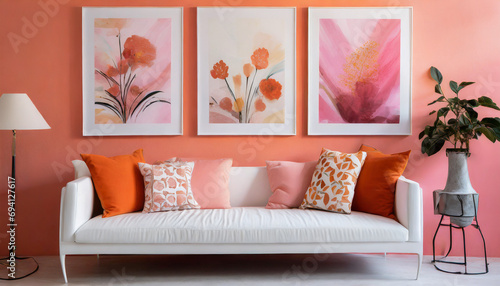 Cozy interior with pink and orange retro wall art set of 3 prints in floral abstract style. Contemporary furniture. White sofa with pillows. © Reece