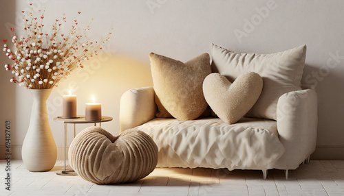 Cozy Valentine's rendezvous. Warm neutrals, plush textures. Candlelit ambiance, heart-shaped throw pillows. A snug and inviting space for an intimate celebration of love.
