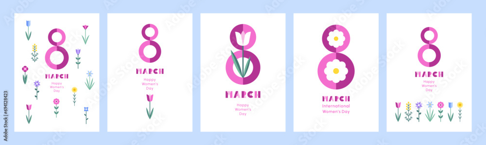 8 March, International Women's Day vector greeting cards set, collection. Simple spring stylized flowers. Modern trendy flat minimalist geometric style illustrations, bright colors. - obrazy, fototapety, plakaty 