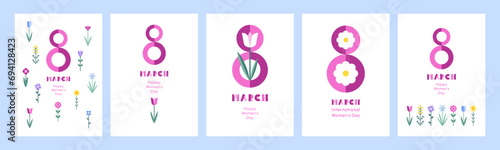 8 March, International Women's Day vector greeting cards set, collection. Simple spring stylized flowers. Modern trendy flat minimalist geometric style illustrations, bright colors. photo
