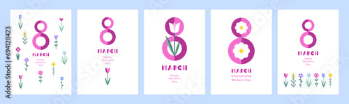 8 March, International Women's Day vector greeting cards set, collection. Simple spring stylized flowers. Modern trendy flat minimalist geometric style illustrations, bright colors.