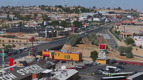 Aerial view of the Barstow city in California. A route 66 cowboy town. Small town with classical restaurants, train station and narrow streets in the middle of a desert. photo