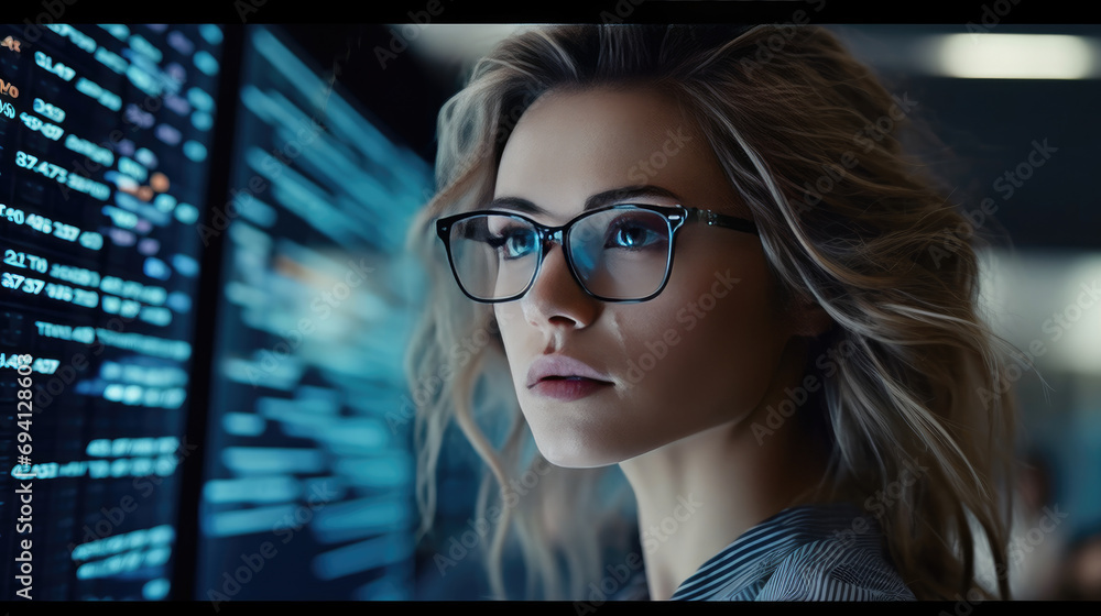 A female expert in glasses engrossed in scrutinizing the screen displaying critical financial data A female expert in glasses engrossed in scrutinizing the screen displaying critical financial data