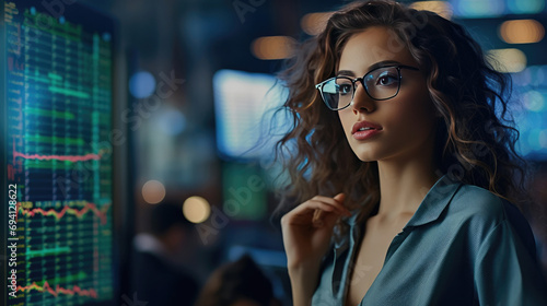 A female expert in glasses engrossed in scrutinizing the screen displaying critical financial data photo