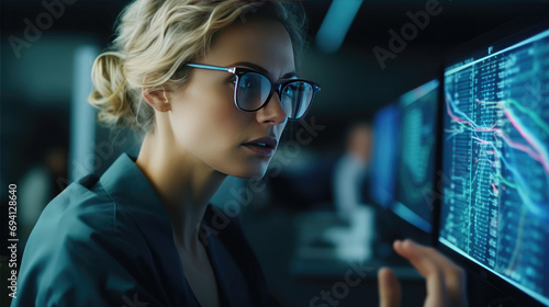 A female expert in glasses engrossed in scrutinizing the screen displaying critical financial data