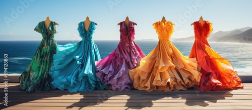 Colorful ruffled dresses of Carnival costumes dancing in sunny Rio de Janeiro.