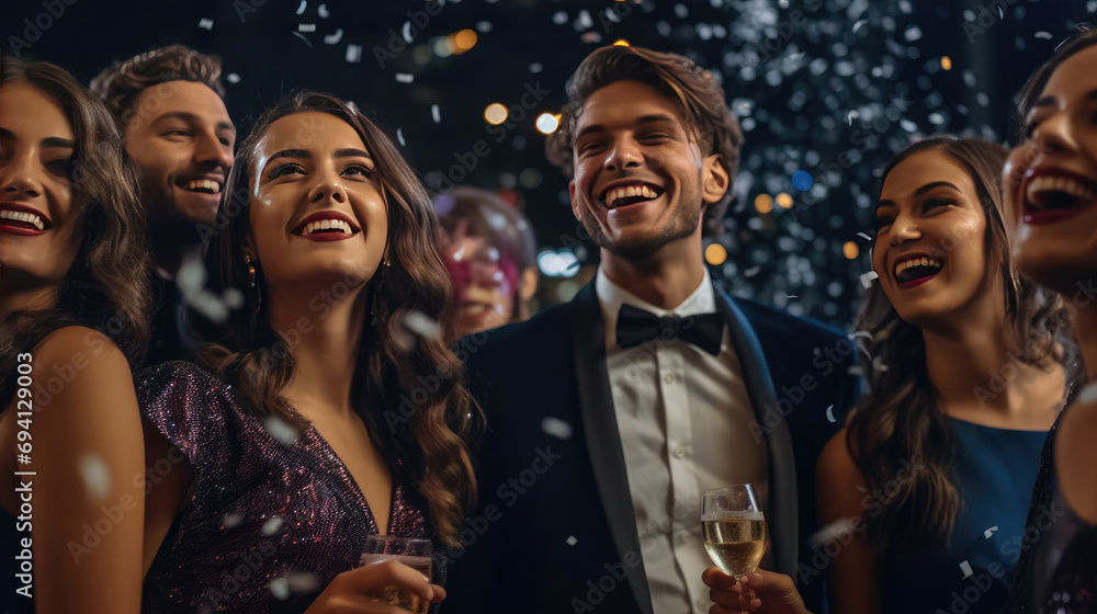 A young and happy group wearing evening wear elegantly at a party