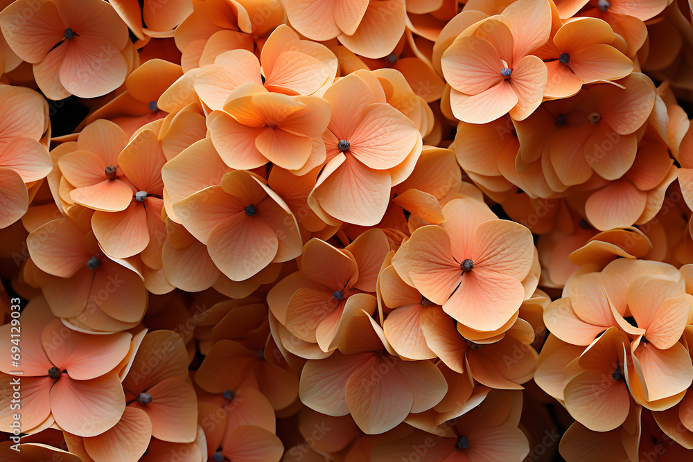 hydrangea inflorescences, peach fuzz background, color 2024. floral natural backdrop. flowers. - obrazy, fototapety, plakaty 