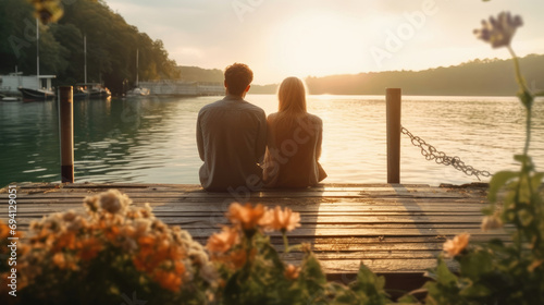A romantic couple just in love sitting on a lakeside pier with flowers behind them photo